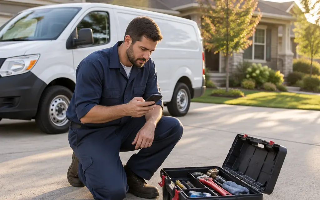 Plumber kneeling by his toolbox and van, checking a new job request on his phone