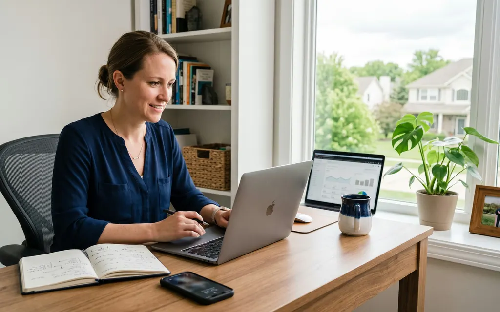 Small business owner taking notes while reviewing website analytics on two laptops in her home office