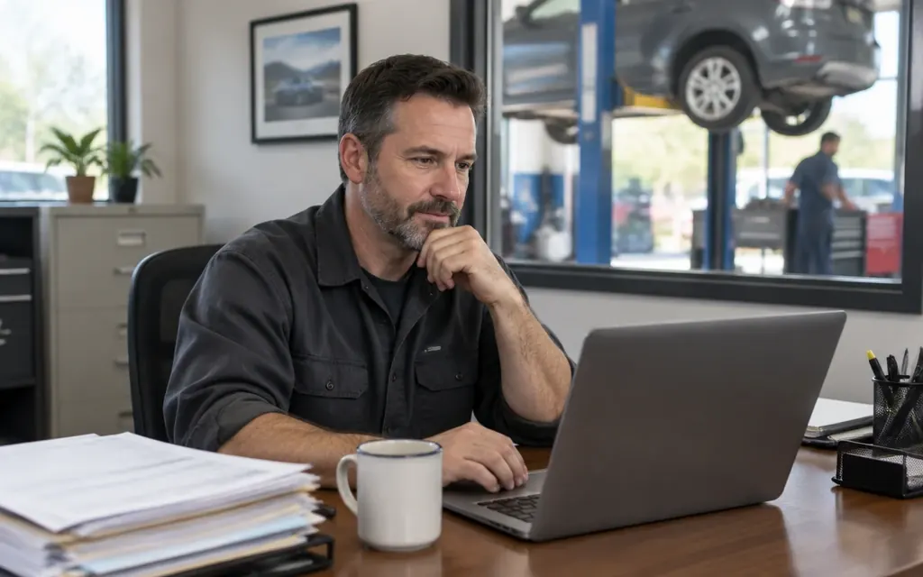 Auto repair shop owner reviewing website options on a laptop in his office, with a car on a lift behind him
