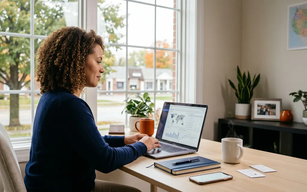Business owner by a window checking a map of where her website visitors come from, with traffic charts