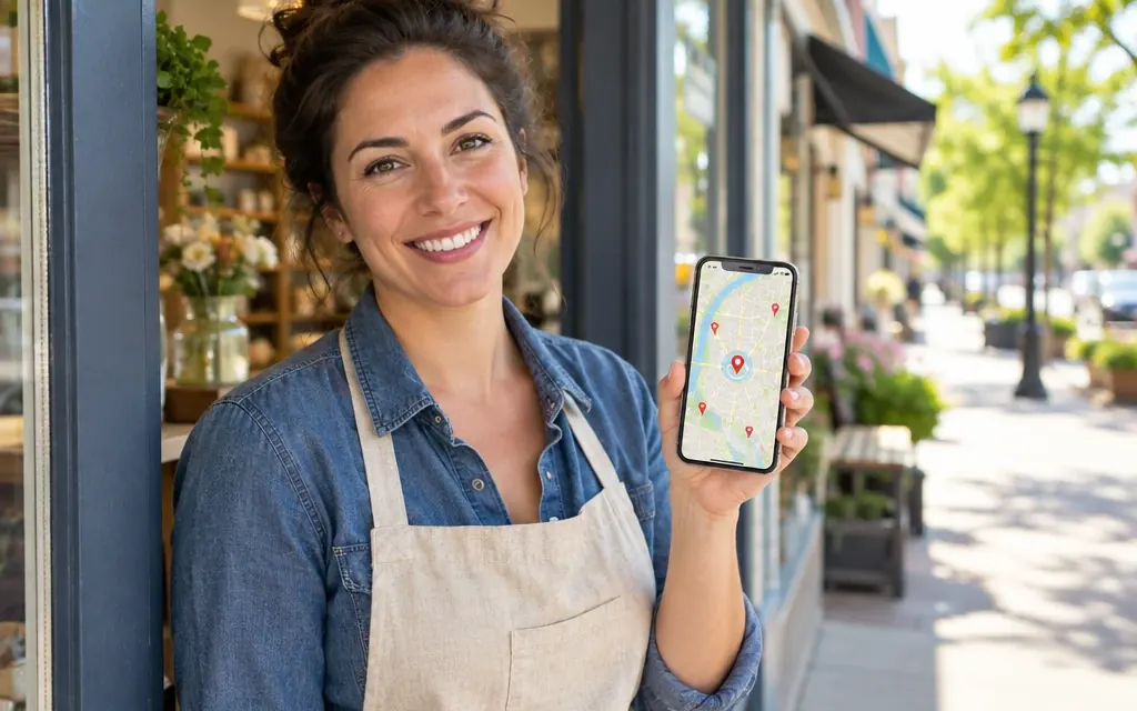 Shop owner in her doorway holding a phone that shows a map of nearby businesses