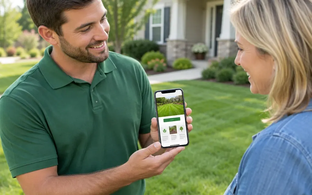 Landscaper showing a homeowner his business website on a phone