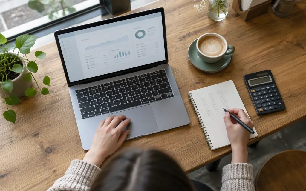 Laptop, notebook, calculator and coffee on a café table while planning website costs
